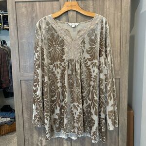 Krazy Kat Taupe Velvet Burnout Long Sleeve Tunic Top Size XXL